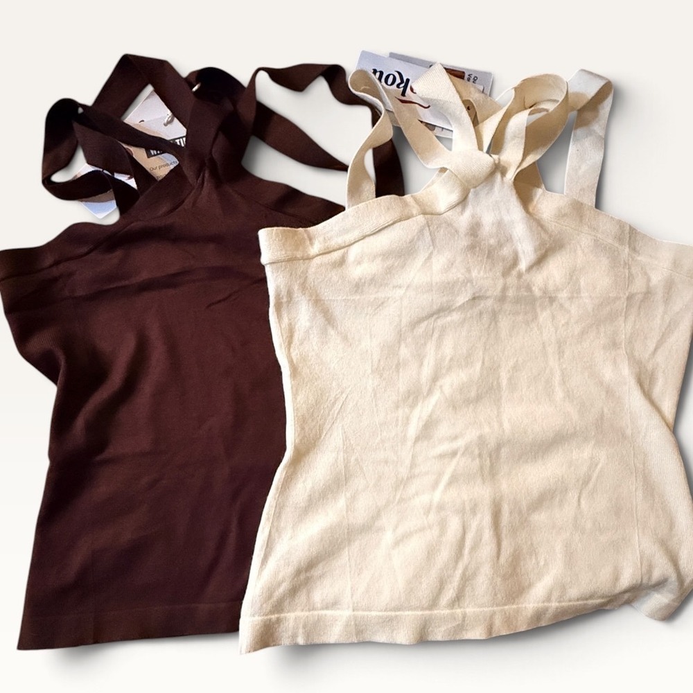 Yeokou Womens 2PK Ribbed Multi Strap Halter Cami Tank Tops Brown White M QX-1688